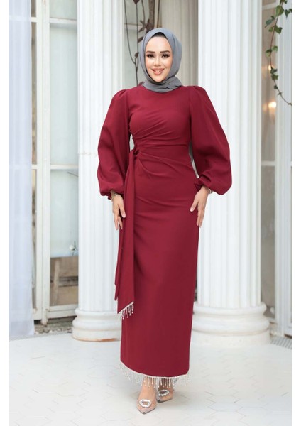 Balon Kol Bordo Tesettür Abiye Elbise 62251BR fiyatları