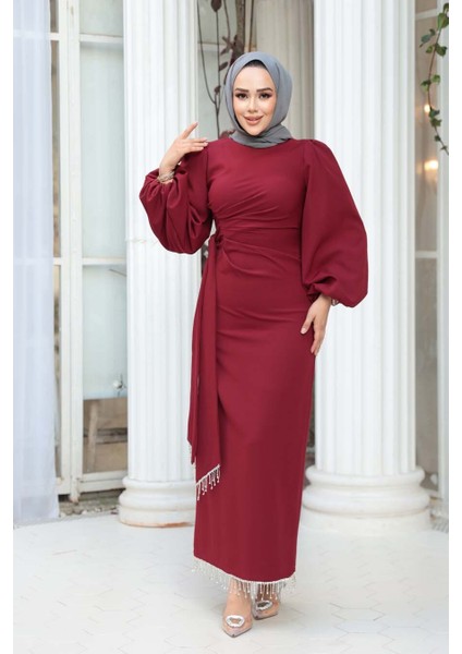 Balon Kol Bordo Tesettür Abiye Elbise 62251BR modelleri
