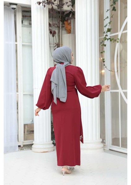 Balon Kol Bordo Tesettür Abiye Elbise 62251BR fırsatları