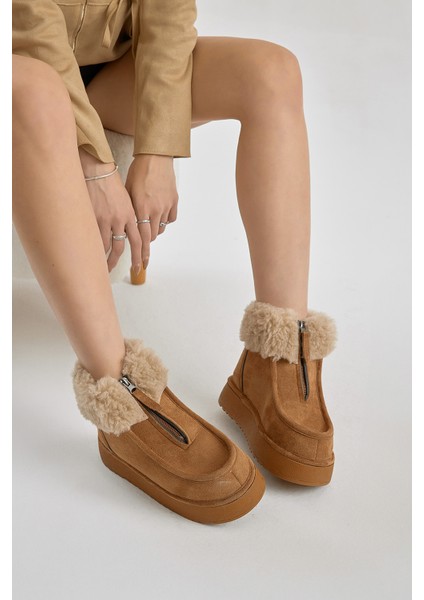 Kadın Taba Kalın Taban Kürklü Önü Fermuarlı Süet Bot