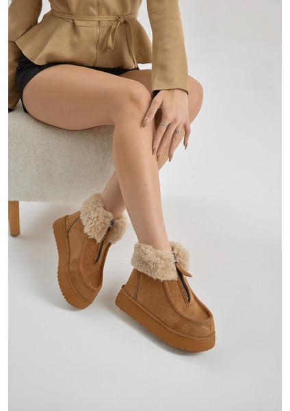 Kadın Taba Kalın Taban Kürklü Önü Fermuarlı Süet Bot fiyatları