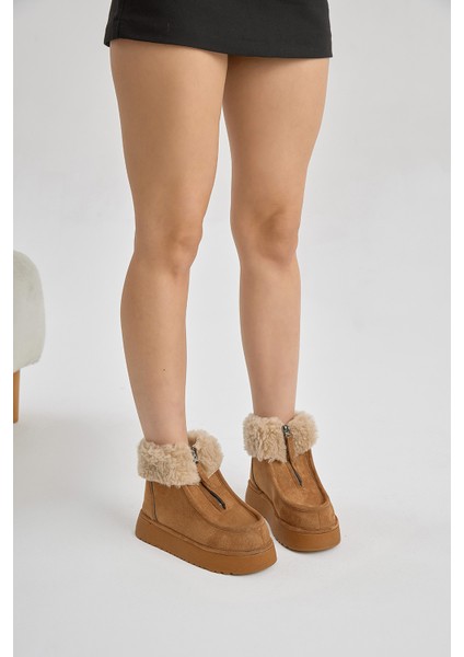 Kadın Taba Kalın Taban Kürklü Önü Fermuarlı Süet Bot modelleri