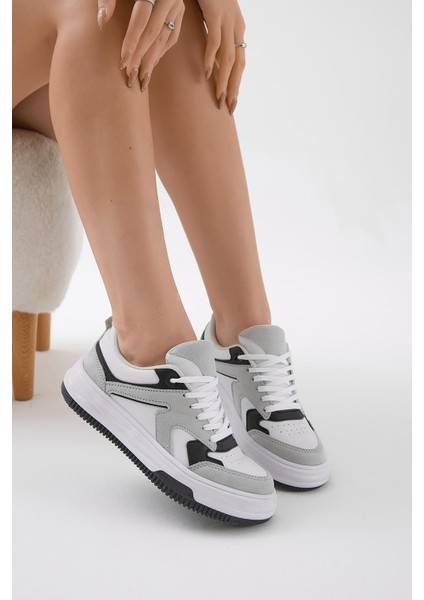 Kadın Gri Beyaz Termo Taban Bağcıklı Spor Ayakkabı