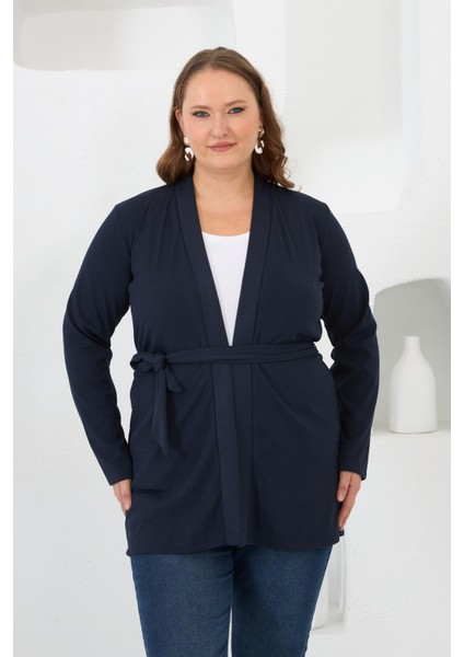 Belden Bağlamalı Örme Büyük Beden Hırka Lacivert