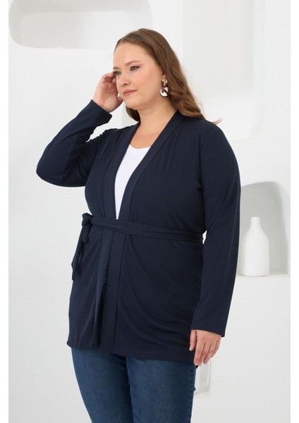 Belden Bağlamalı Örme Büyük Beden Hırka Lacivert modelleri