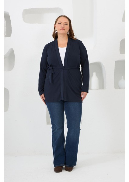 Belden Bağlamalı Örme Büyük Beden Hırka Lacivert indirimleri