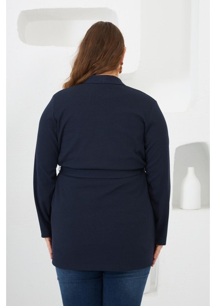 Belden Bağlamalı Örme Büyük Beden Hırka Lacivert