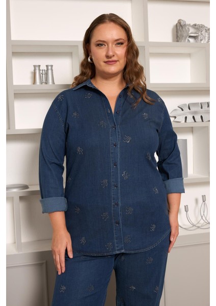 Taş Detaylı Büyük Beden Gömlek Lacivert