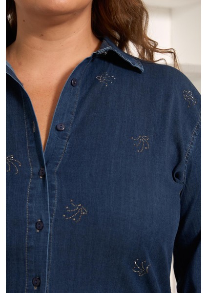 Taş Detaylı Büyük Beden Gömlek Lacivert fiyatları