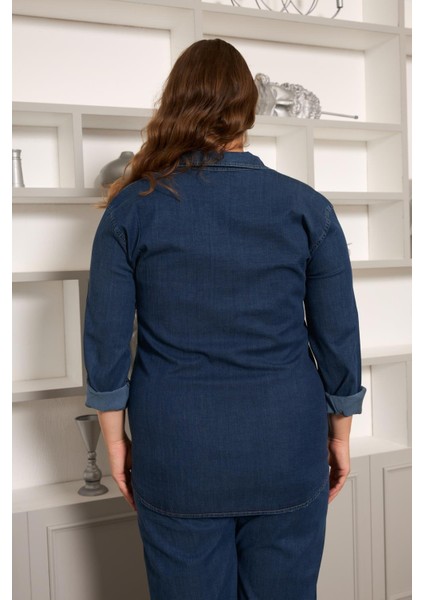 Taş Detaylı Büyük Beden Gömlek Lacivert fırsatları
