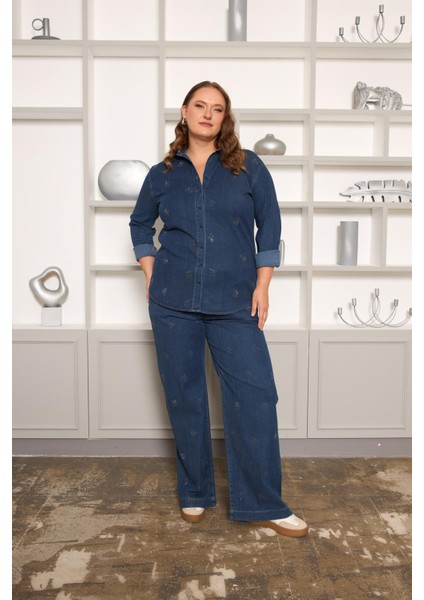 Taş Detaylı Büyük Beden Gömlek Lacivert indirimleri