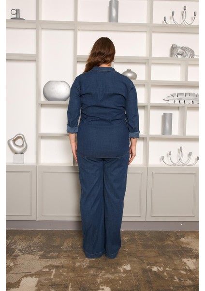 Taş Detaylı Büyük Beden Gömlek Lacivert