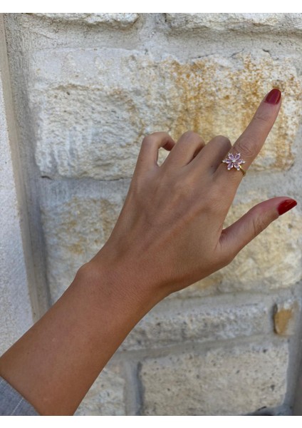 Pembe Renkli Lotus Çiçeği Kristal Ayarlanabilir Gold Yüzük