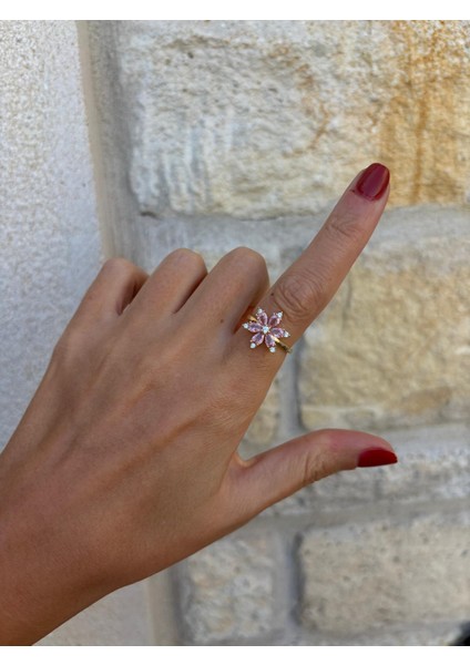 Pembe Renkli Lotus Çiçeği Kristal Ayarlanabilir Gold Yüzük