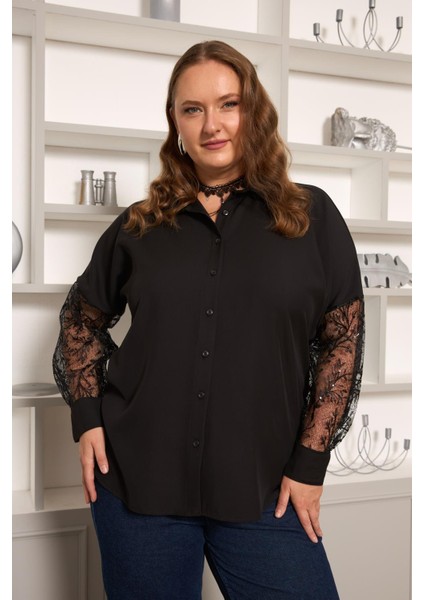 Kol Dantel Detaylı Büyük Beden Gömlek Siyah