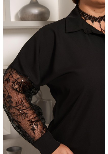 Kol Dantel Detaylı Büyük Beden Gömlek Siyah fiyatları