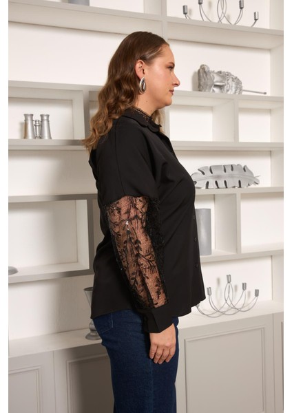 Kol Dantel Detaylı Büyük Beden Gömlek Siyah modelleri