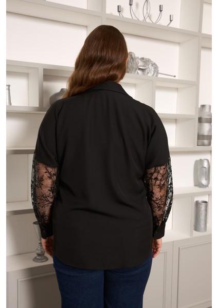 Kol Dantel Detaylı Büyük Beden Gömlek Siyah fırsatları