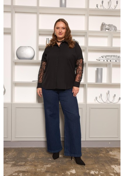 Kol Dantel Detaylı Büyük Beden Gömlek Siyah indirimleri