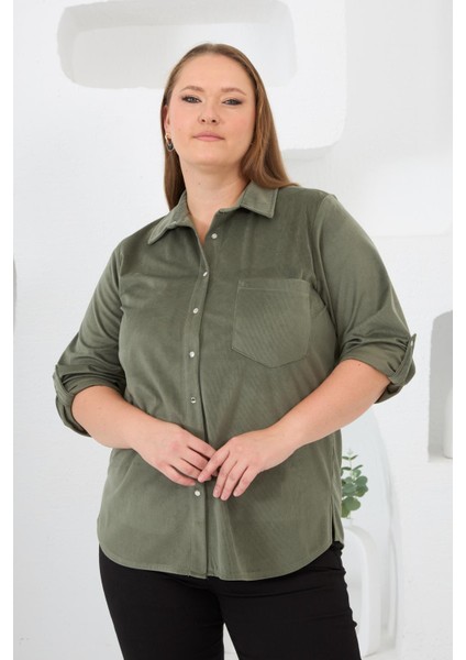 Kadife Büyük Beden Kol Çıtçıtlı Gömlek Haki
