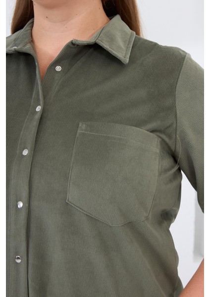 Kadife Büyük Beden Kol Çıtçıtlı Gömlek Haki modelleri