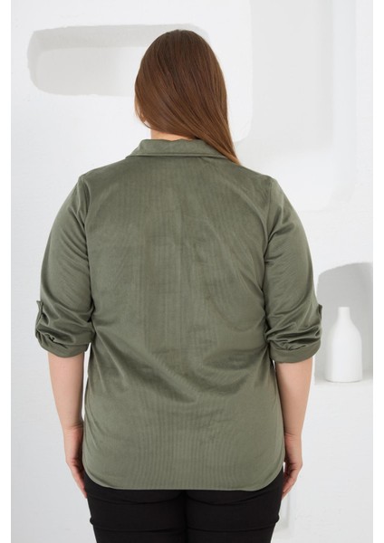 Kadife Büyük Beden Kol Çıtçıtlı Gömlek Haki fırsatları