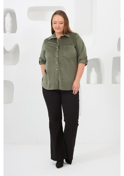 Kadife Büyük Beden Kol Çıtçıtlı Gömlek Haki indirimleri