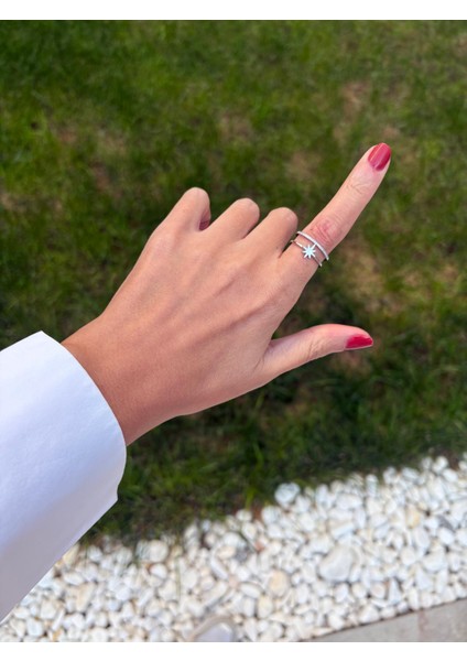 Kutup Yıldızı Iki Sıralı Zirkon Taş Detay Gümüş Kaplama Ayarlanabilir Yüzük