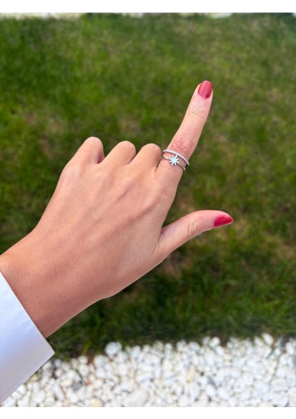 Kutup Yıldızı Iki Sıralı Zirkon Taş Detay Gümüş Kaplama Ayarlanabilir Yüzük modelleri