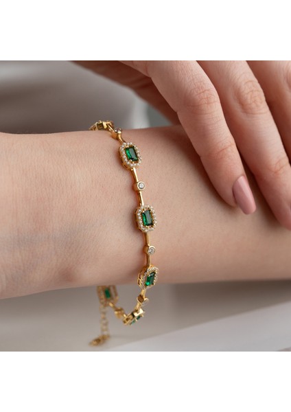 Kadın 925 Ayar Gümüş Zümrüt Taşlı Zarif Bileklik