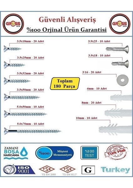 Vida Dübel Seti - Sunta Vidası - Akıllı Vida - Dübel - Pul - 180 Parça