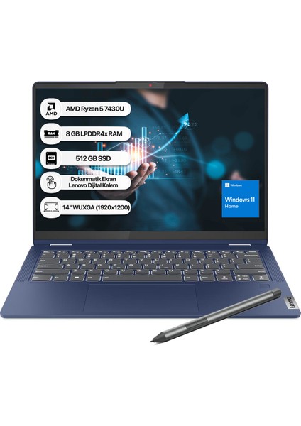 Ideapad Flex 5 AMD Ryzen 5 7430U 8GB 512GB SSD Windows 11 Home 14" WUXGA Taşınabilir Bilgisayar 82XX00D2TX