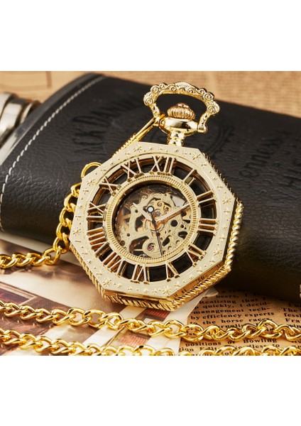 Sekizgen Şeklinde Bronz Mekanik El Sarma Cebi Ilçe Hollow Arapça Sayılar Yarım Avcı Vintage Kalın Zincir Kolye Saat | Cep ve Amp;fob Saatler3 (Yurt Dışından)