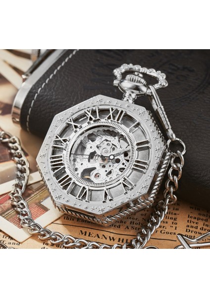 Sekizgen Şeklinde Bronz Mekanik El Sarma Cebi Ilçe Hollow Arapça Sayılar Yarım Avcı Vintage Kalın Zincir Kolye Saat | Cep ve Amp;fob Saatler2 (Yurt Dışından)