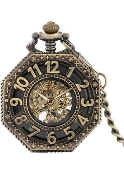 Sekizgen Şeklinde Bronz Mekanik El Sarma Cebi Ilçe Hollow Arapça Sayılar Yarım Avcı Vintage Kalın Zincir Kolye Saat | Cep ve Amp;fob Saatler (Yurt Dışından)