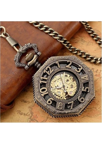 Sekizgen Şeklinde Bronz Mekanik El Sarma Cebi Ilçe Hollow Arapça Sayılar Yarım Avcı Vintage Kalın Zincir Kolye Saat | Cep ve Amp;fob Saatler (Yurt Dışından) modelleri