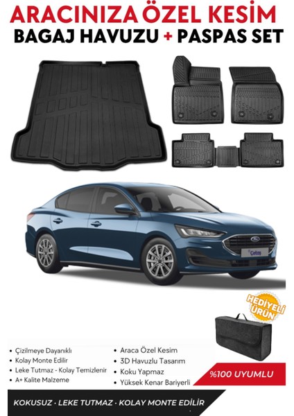 Ford Focus 5 Sedan 2019-2020-2021-2022 Model Ince Stepne Bagaj Havuzu+Paspas Full Takım+Hediyeli