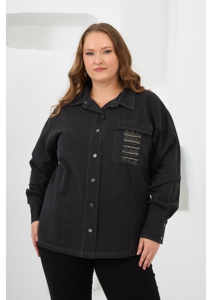 Cep Taş Detaylı Büyük Beden Gömlek Füme