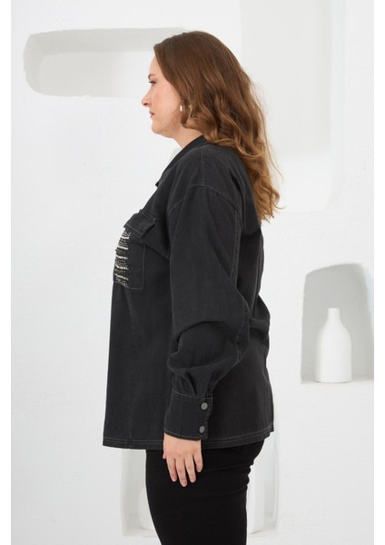 Cep Taş Detaylı Büyük Beden Gömlek Füme modelleri