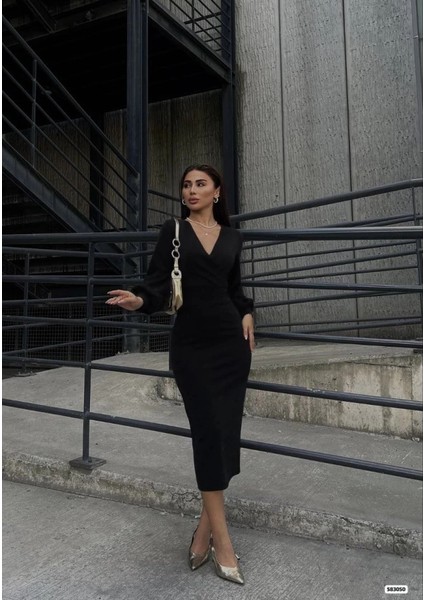 Mdb Kadın Uzun Kollu Kruvaze Yaka Büzgü ve Balon Kol Detay Krep Kumaş Axi Boy Elbise fırsatları