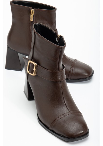 Kadın Kahve Cilt Tpu Taban Kemer Toka Detaylı Fermuarlı Topuklu Bot modelleri