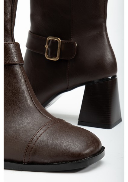 Kadın Kahve Cilt Tpu Taban Kemer Toka Detaylı Fermuarlı Topuklu Bot fırsatları