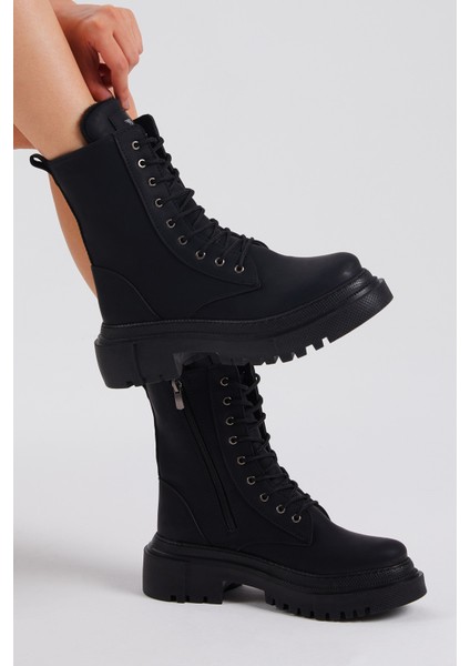 Kadın Siyah Mat Rahat Kalıp Kalın Taban Bağcıklı ve Fermuarlı Bot fiyatları