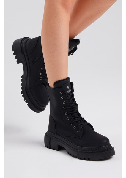 Kadın Siyah Mat Rahat Kalıp Kalın Taban Bağcıklı ve Fermuarlı Bot indirimleri