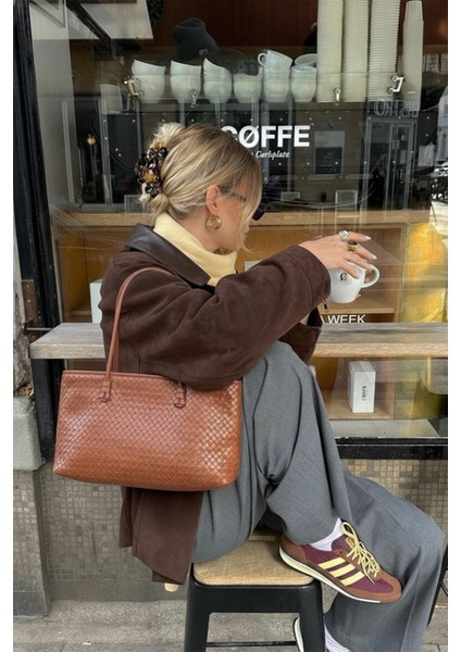 Kadın Loven Uzun Tote Çanta Taba Örgülü