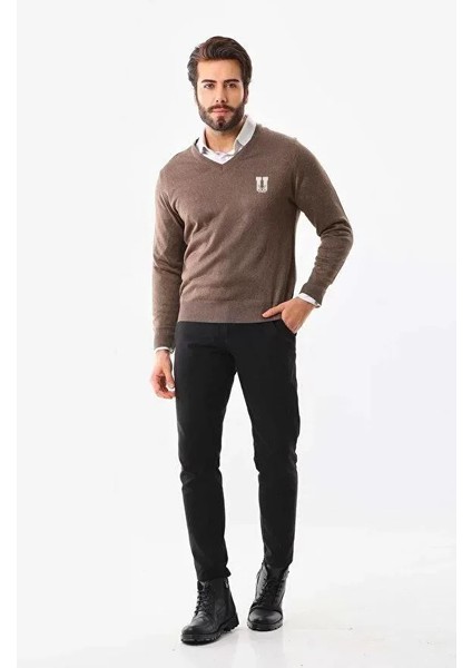 Mdb Baskılı V Yaka Uzun Kol Dokuma Triko Kahve