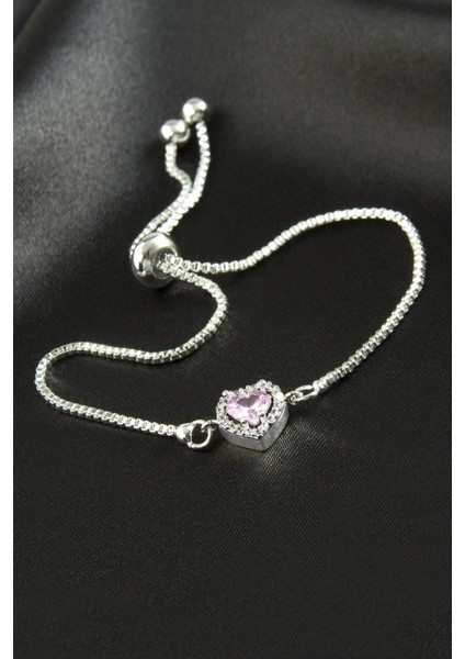 Allzey Kalp Zirkon Taşlı Asansörlü Bileklik Ciddi Ilişki Bilekliği-Açık Pembe