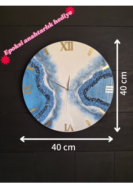 Duvar Saati - 40 cm - Modern Dekoratif Duvar Saati - Epoksi Duvar Saati - El Yapımı Duvar Saati -Mavi-Beyaz