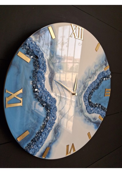 Duvar Saati - 40 cm - Modern Dekoratif Duvar Saati - Epoksi Duvar Saati - El Yapımı Duvar Saati -Mavi-Beyaz fiyatları