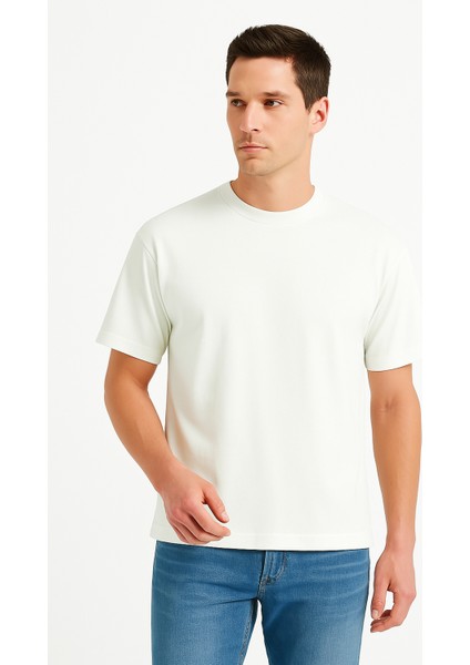 100% Pamuk Basic Fit Bisiklet Yaka Ekru Erkek T-Shirt - Alpha